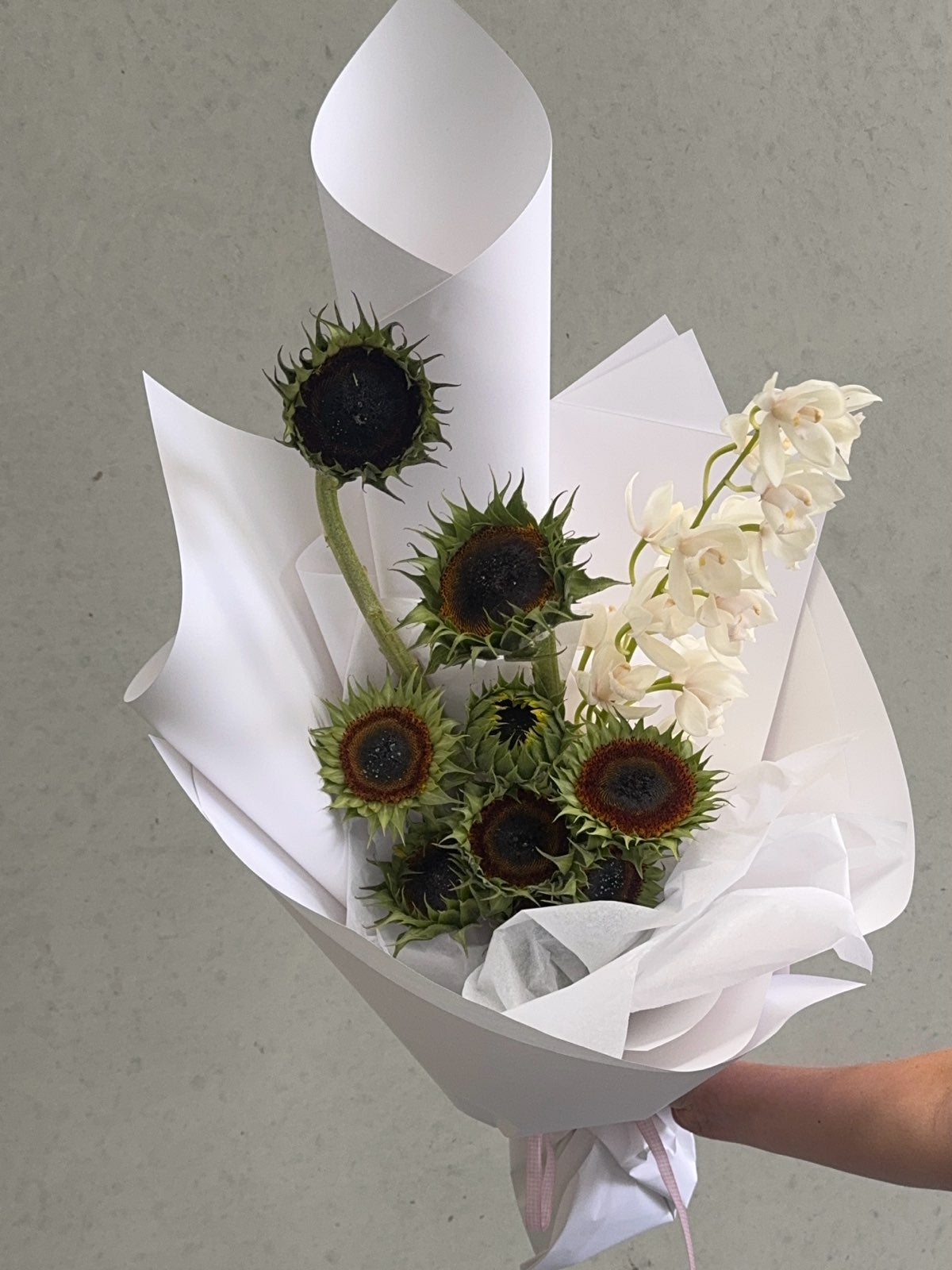 Sunflower & White Orchid Bouquet – Rose Studios
