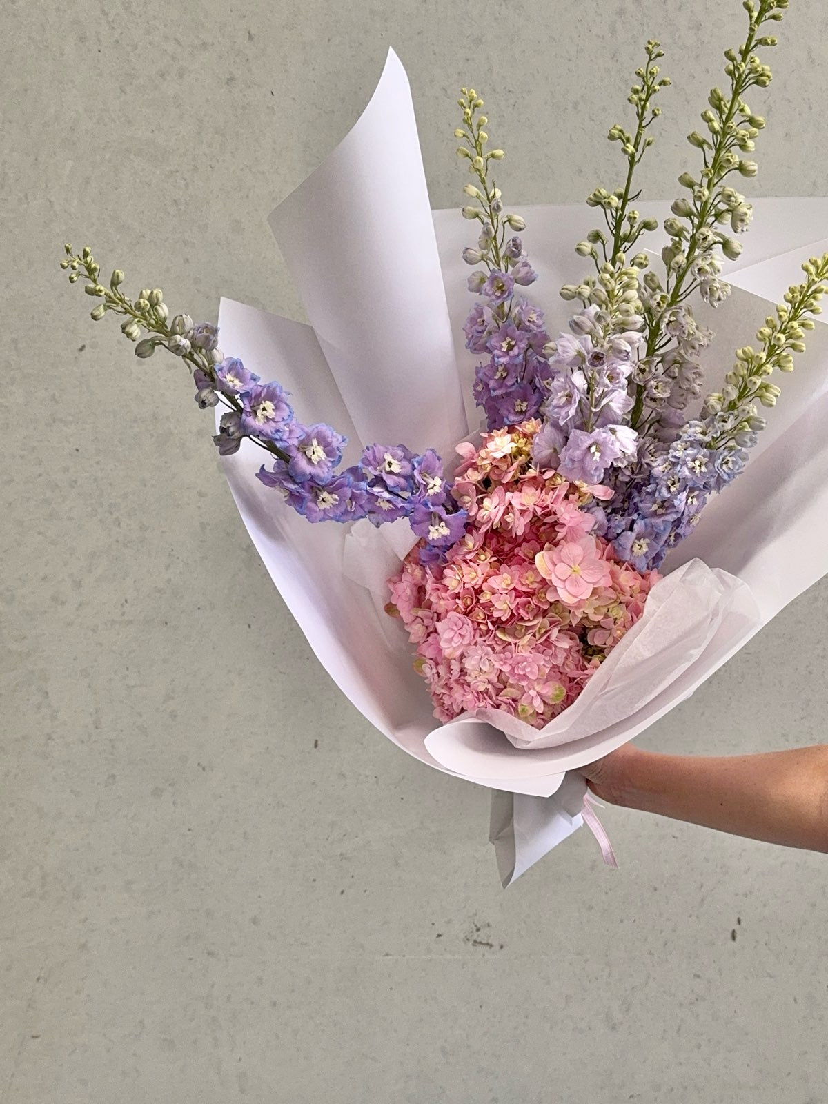 Pink Hydrangea & Lilac Delphinium Bouquet – Rose Studios
